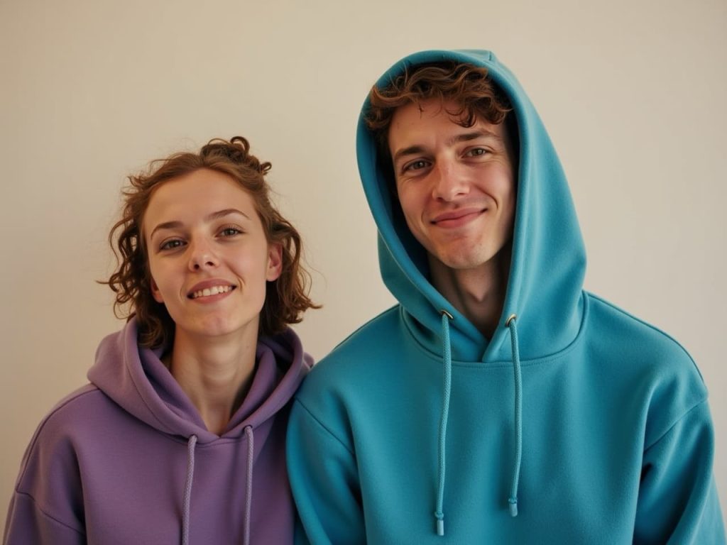 Boys and girls are posing in fleece hoodies.