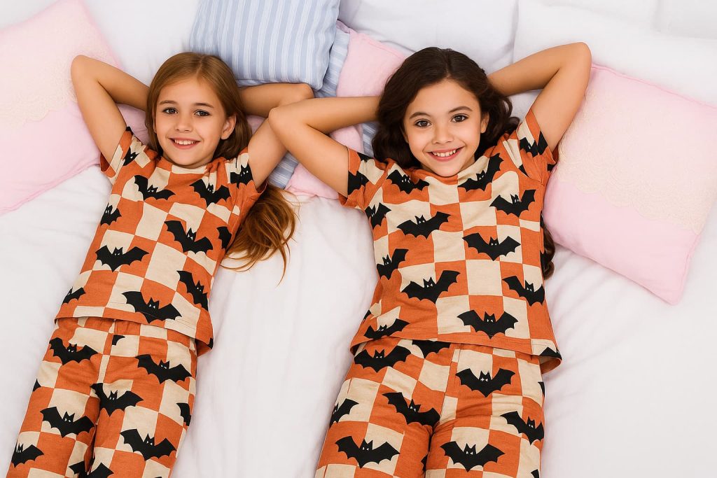 Two little girls wearing checkerboard bat elements in halloween family pajamas