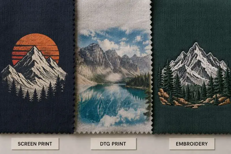 fabric swatches showing screen print, DTG, and embroidery finish on cotton fleece