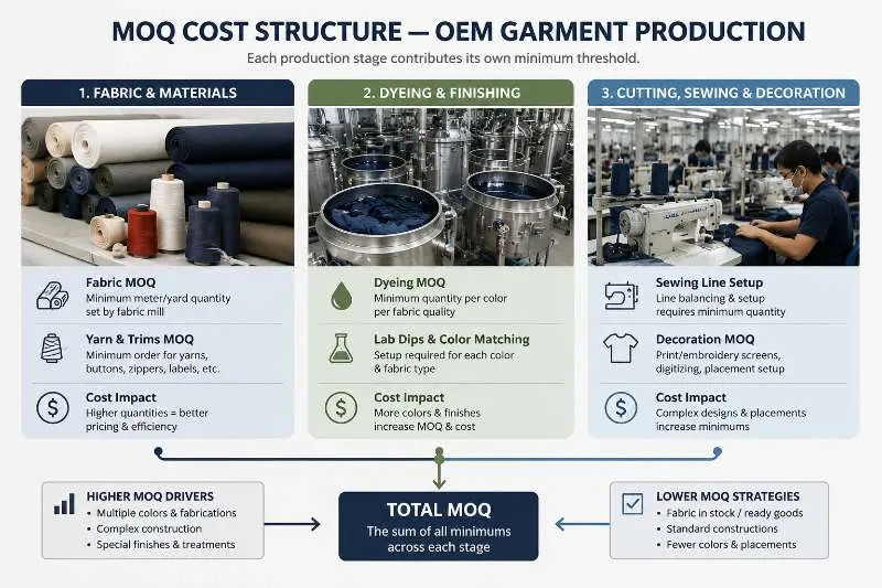 Diagram showing fabric rolls, dye vats, and sewing machines representing MOQ cost layers