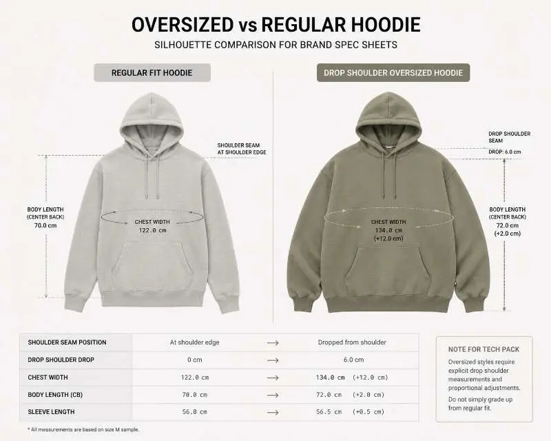 side-by-side comparison of regular fit and oversized drop shoulder hoodie silhouettes with spec annotations