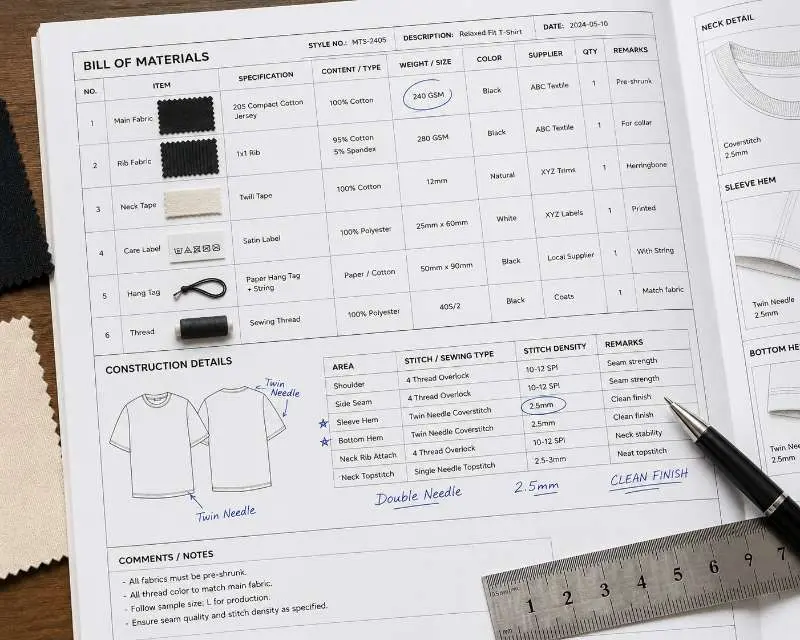 garment tech pack open to bill of materials page showing fabric weight GSM and construction stitch specifications