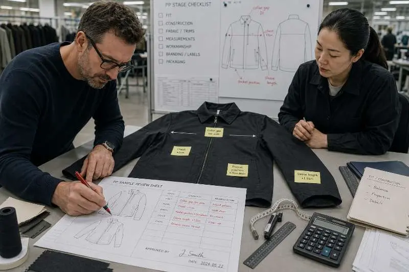 apparel brand buyer annotating PP sample with measurement callouts on spec sheet