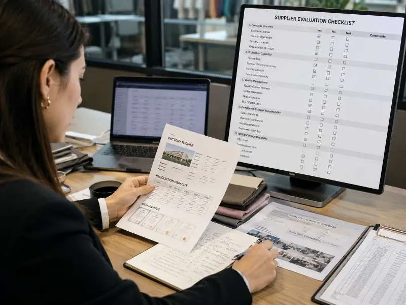 brand buyer reviewing a supplier checklist and factory documents at a desk