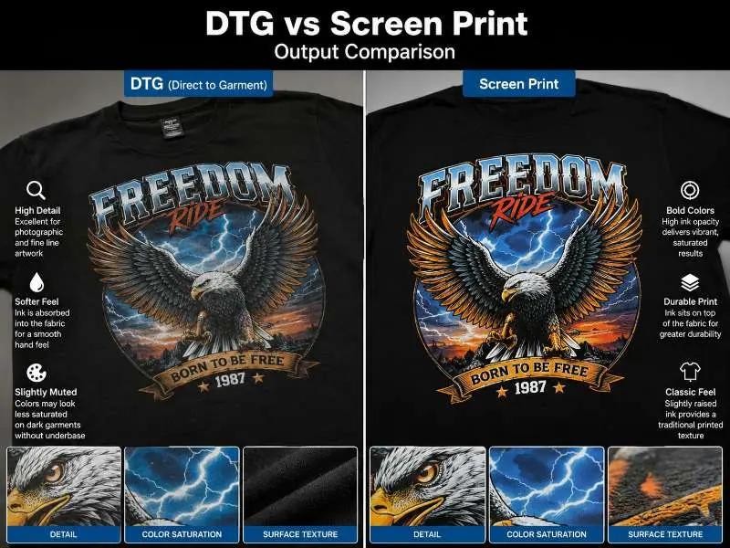 side-by-side comparison of DTG and screen printed graphic t-shirts showing detail and color saturation