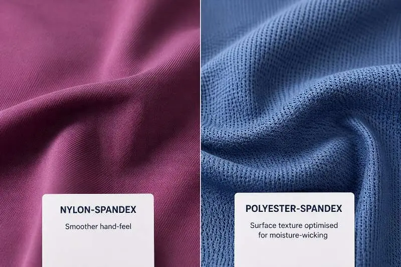 close-up comparison of nylon and polyester activewear fabric texture for brand buyers