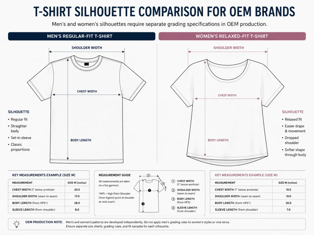 side-by-side diagram of men's fitted and women's relaxed t-shirt silhouettes with measurement callouts