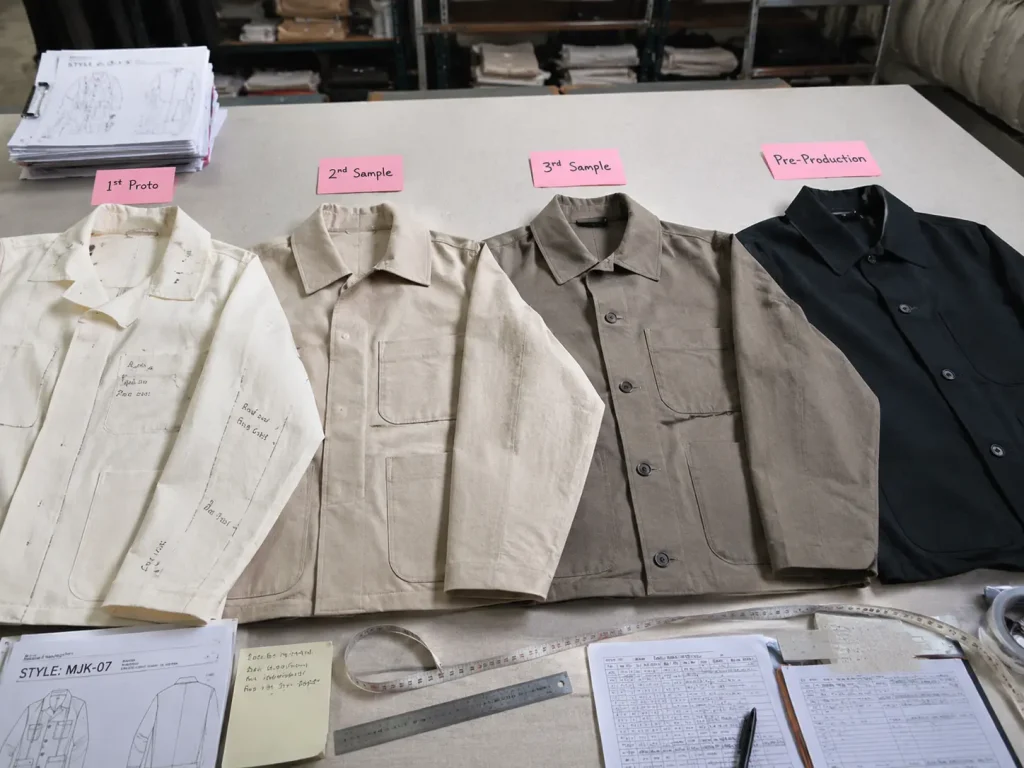 apparel samples at different development stages laid flat on a production table with measurement tools