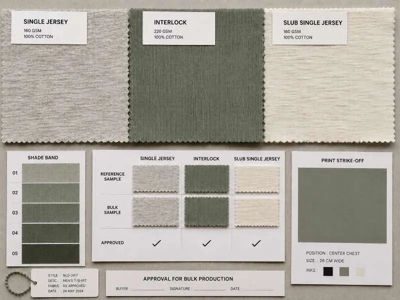 Close-up of single jersey interlock and slub single jersey approval swatches