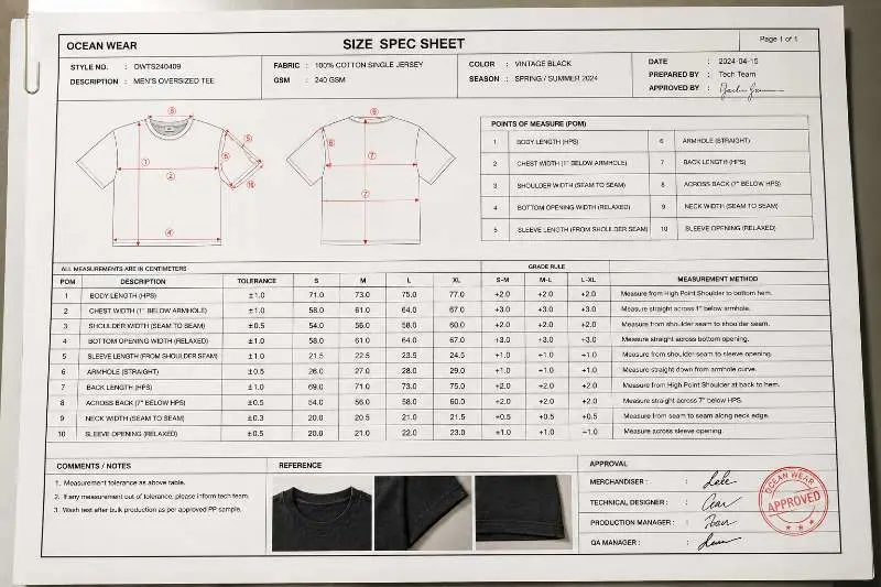 Apparel size spec sheet with labelled measurement points and grade increments for factory submission