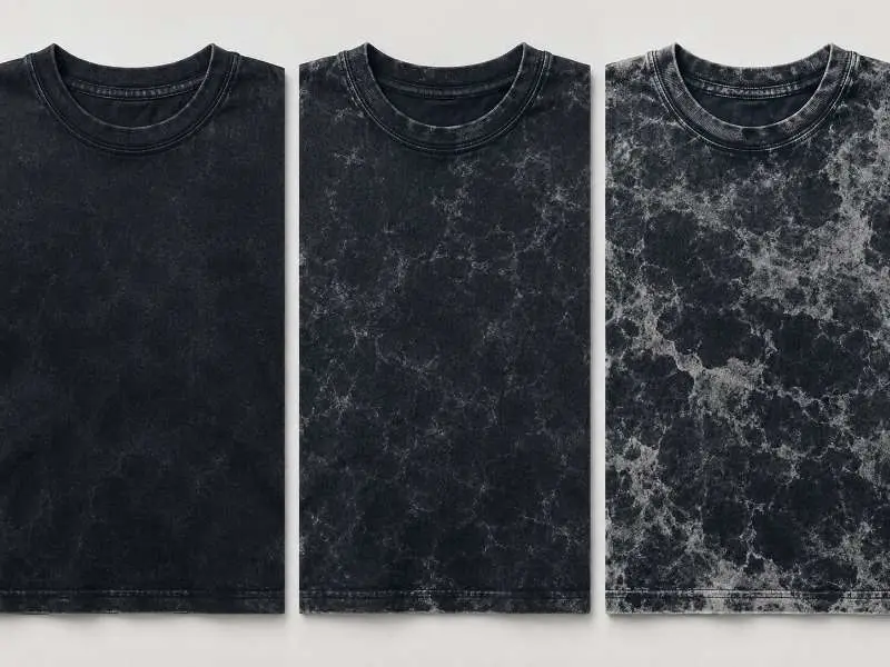 side-by-side comparison of light medium and heavy acid wash depth on cotton t shirt fabric swatches