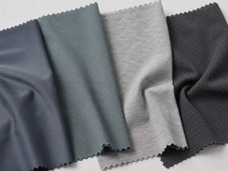 Nylon-spandex and recycled polyester activewear fabric swatches
