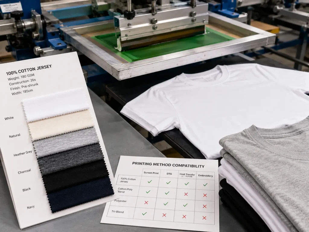 plain cotton jersey t-shirt fabric swatch next to screen printing frame for OEM bulk order