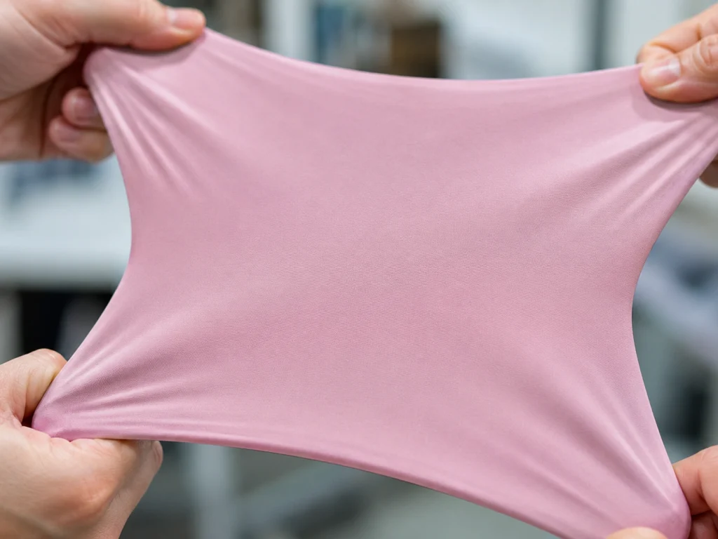 Close-up of nylon spandex dancewear fabric stretched to show four-way recovery