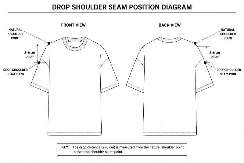 technical diagram showing natural shoulder point versus drop shoulder seam position with measurement annotation