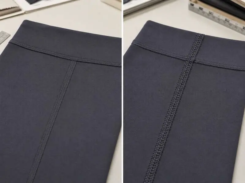 flatseam and overlock stitch comparison on activewear leggings panel