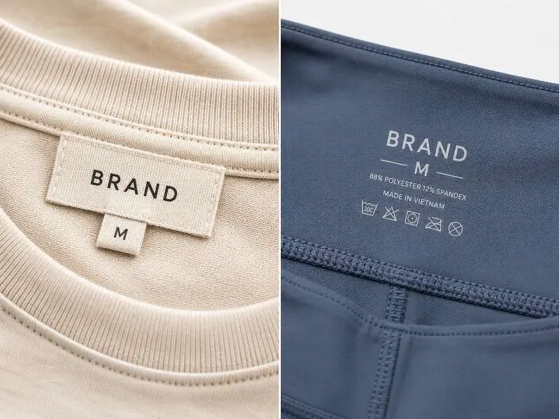 Woven neck label beside heat-transfer waistband label