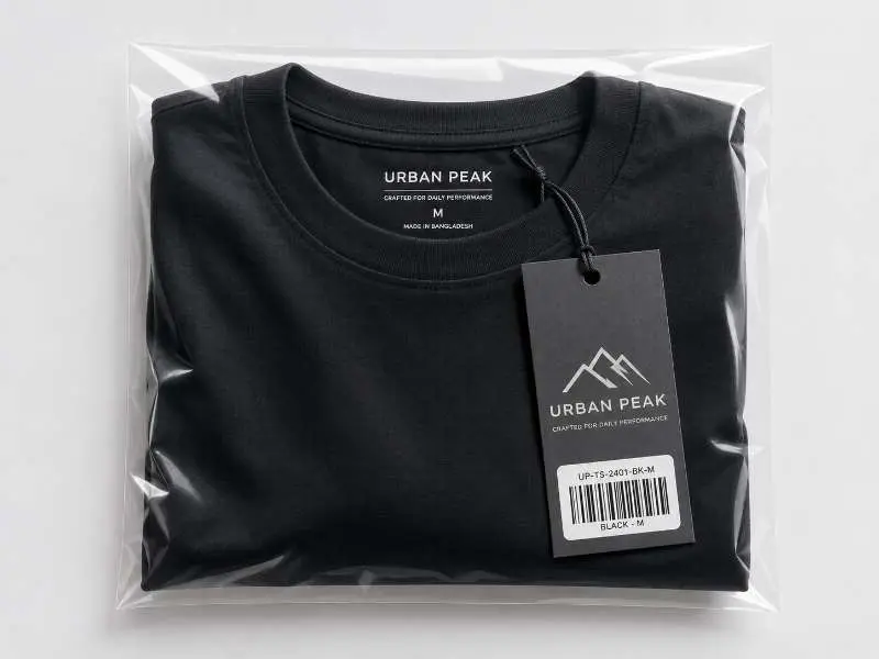 Custom hang tag with barcode attached to folded t-shirt in individual polybag for retail