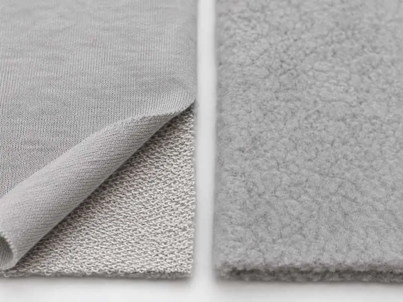 close-up comparison of french terry loop interior and brushed fleece surface for apparel bulk orders