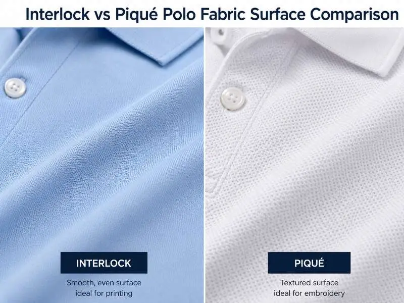 interlock and piqué polo fabric swatches showing smooth and textured surfaces
