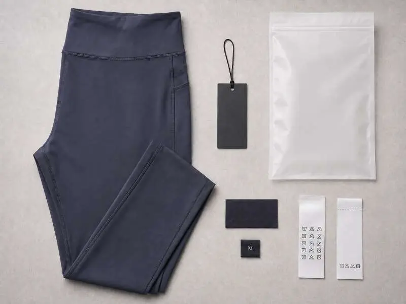 private label leggings with woven tag hang tag and packaging