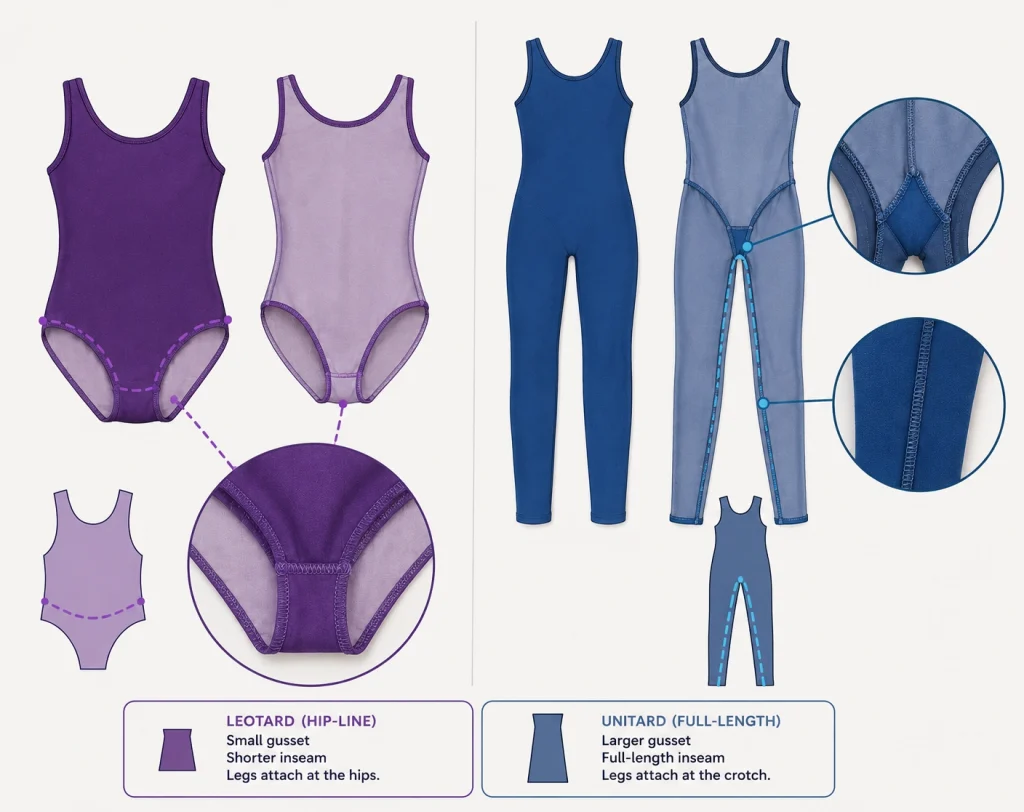 Diagram comparing the hip-line leg opening of a leotard with the full-length leg panel of a unitard, marking the gusset and inseam.
