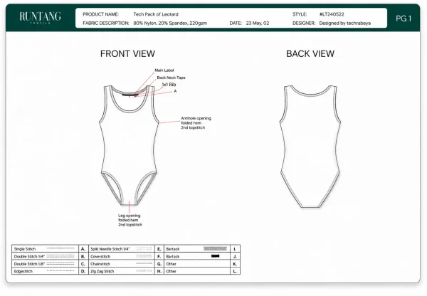 real tech pack spec sheet showing leotard measurement points