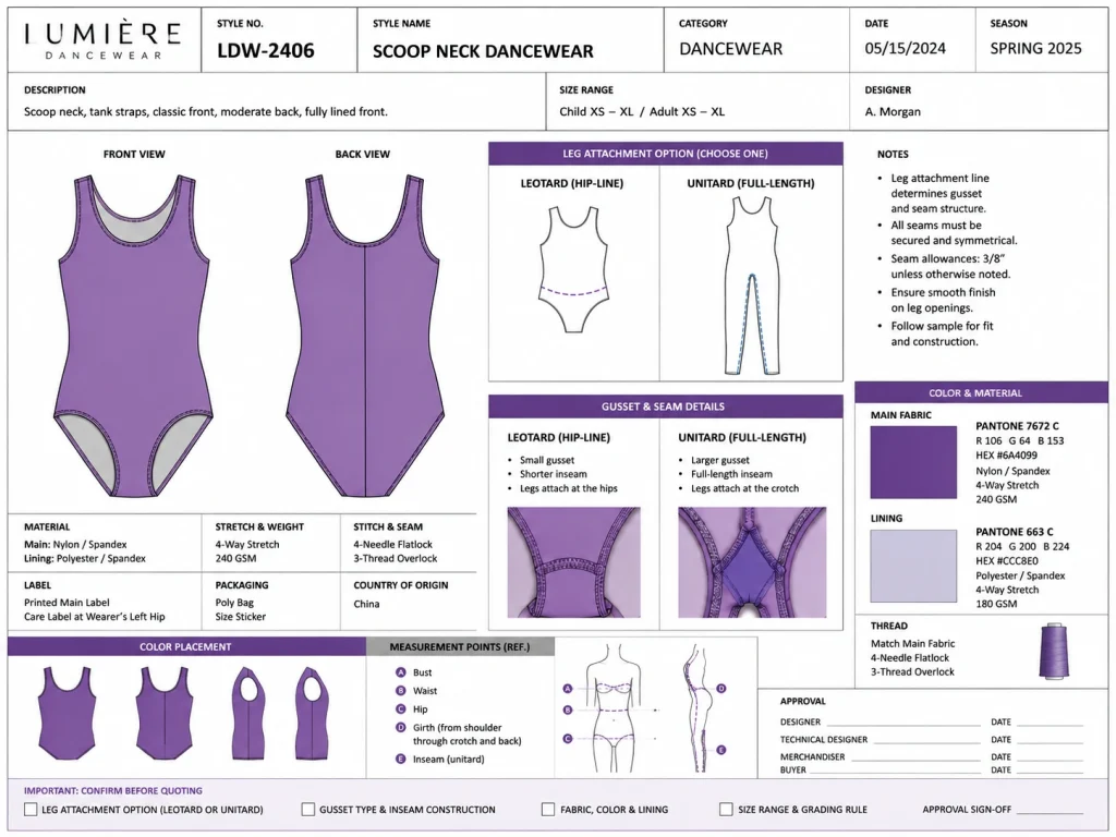 A tech pack page showing leg attachment line, gusset notes, and a Pantone color callout for a dancewear garment.