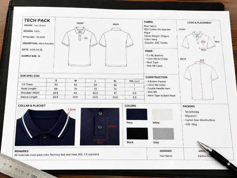 open tech pack document showing polo shirt collar specs fabric weight and logo placement details