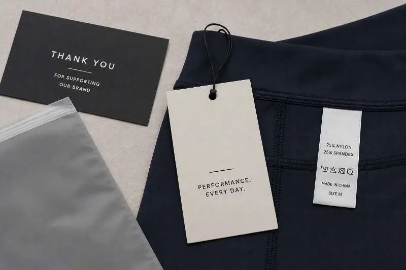 Custom hang tag and woven label on activewear waistband