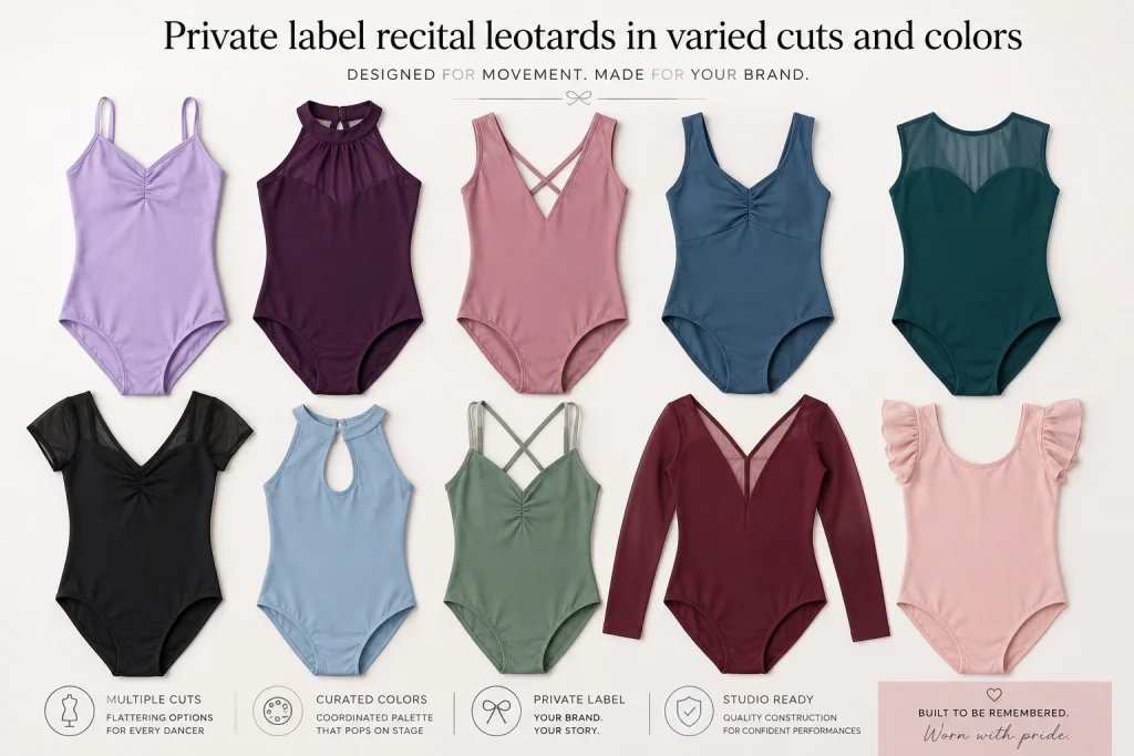 Several dance leotard styles in different necklines and colors laid out as a collection