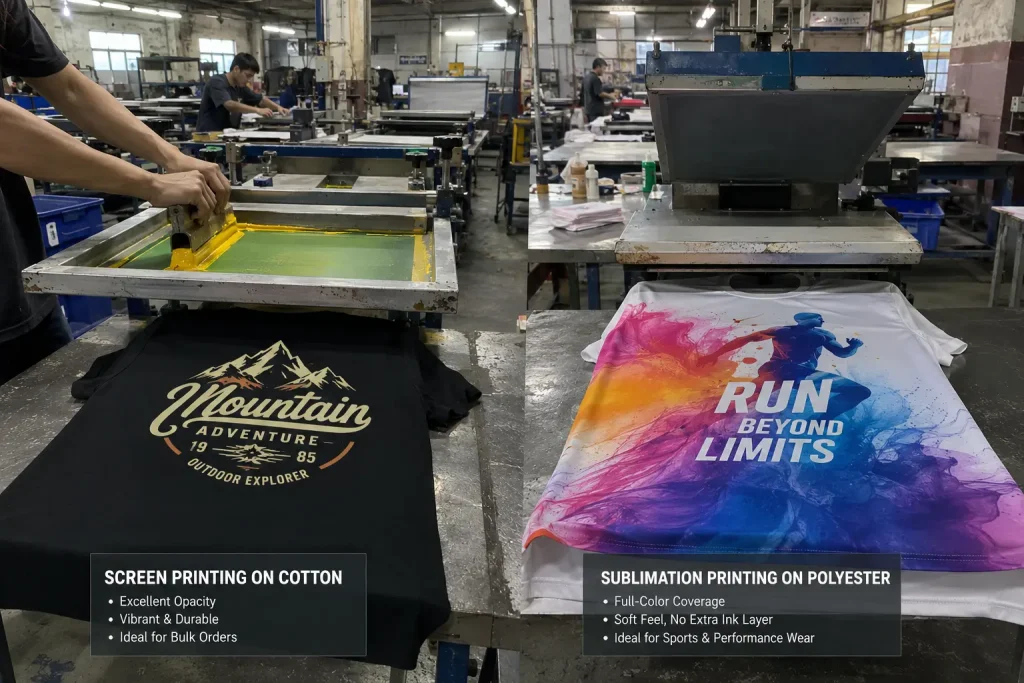 Factory production view showing screen printing on cotton and sublimation printing on polyester t-shirts