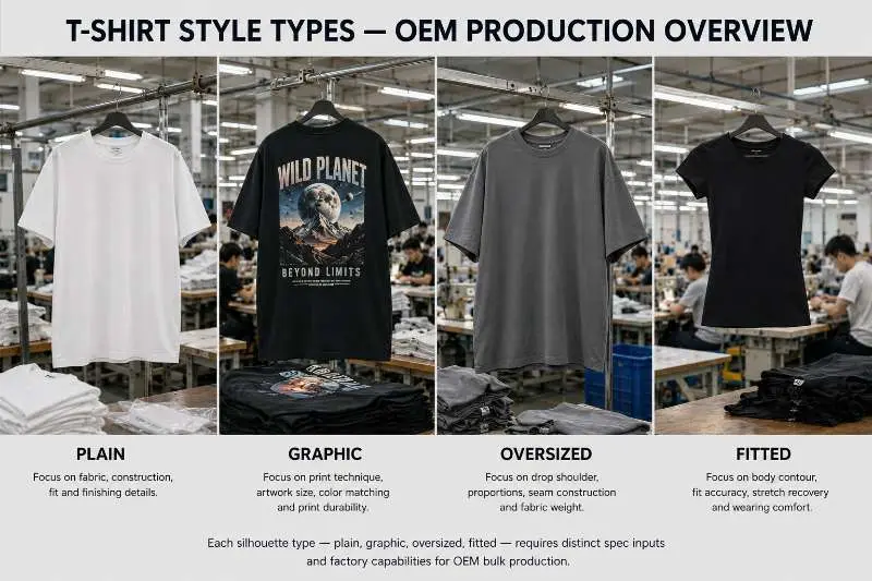 four t-shirt silhouettes side by side: plain, graphic, oversized, and fitted on a factory layout table