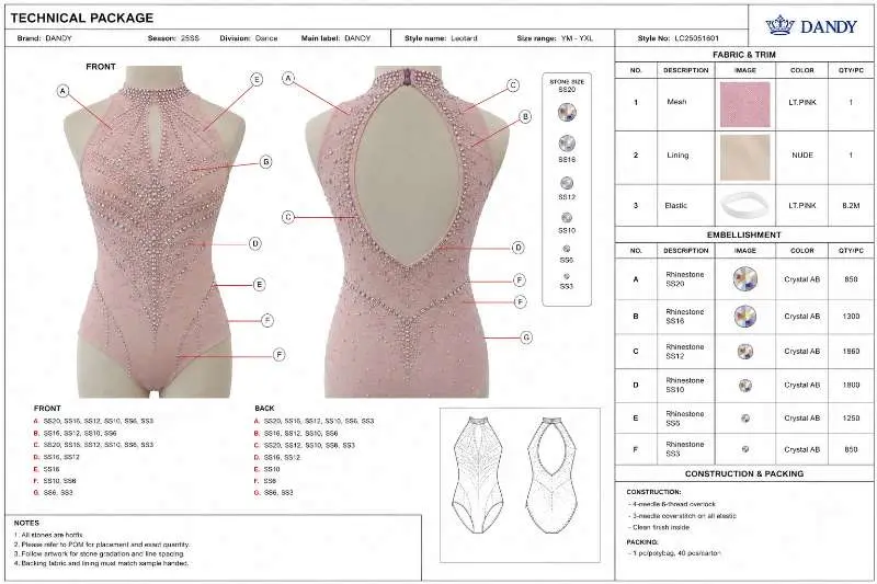 Tech pack diagram showing embellishment placement for custom dance costume