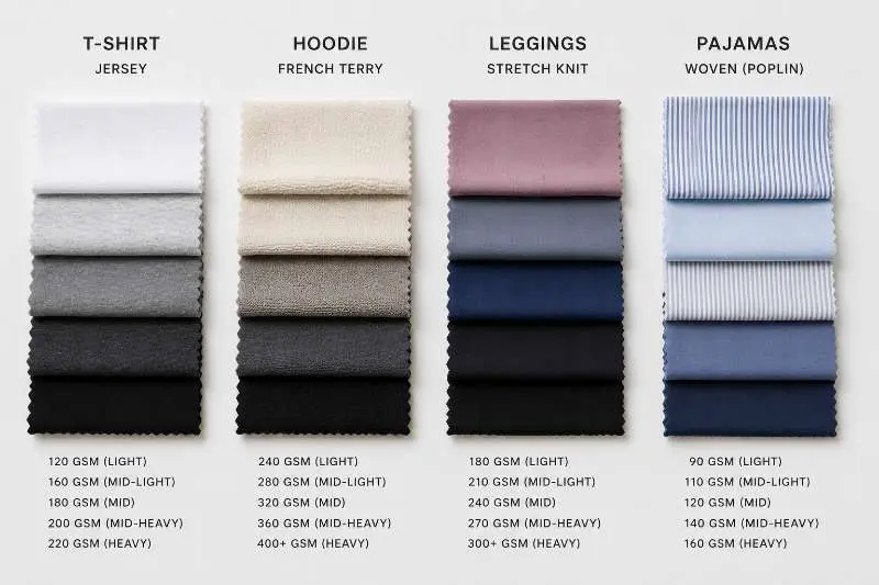 fabric swatches for T-shirt jersey hoodie fleece leggings stretch knit and pajama woven arranged side by side with GSM labels for garment brand sourcing