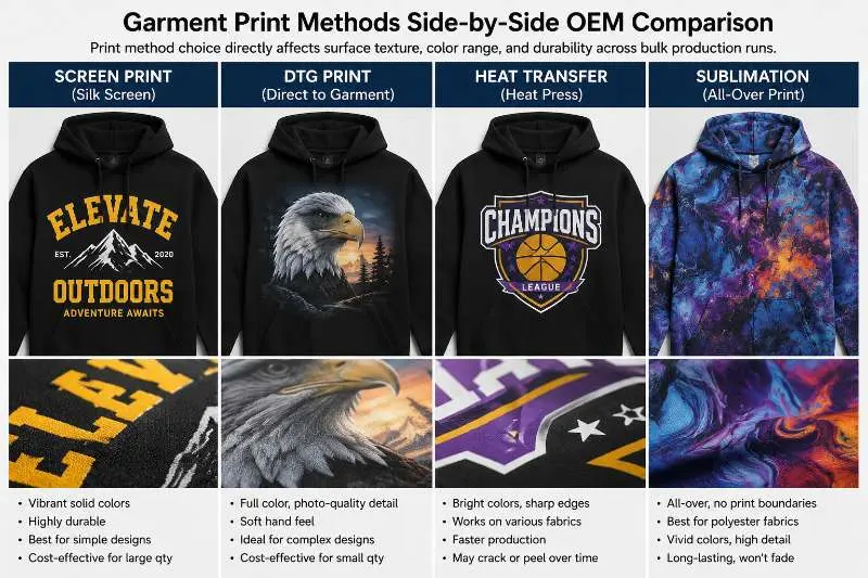 four hoodies showing screen print solid graphic, DTG photographic print, heat transfer logo, and sublimation all-over pattern