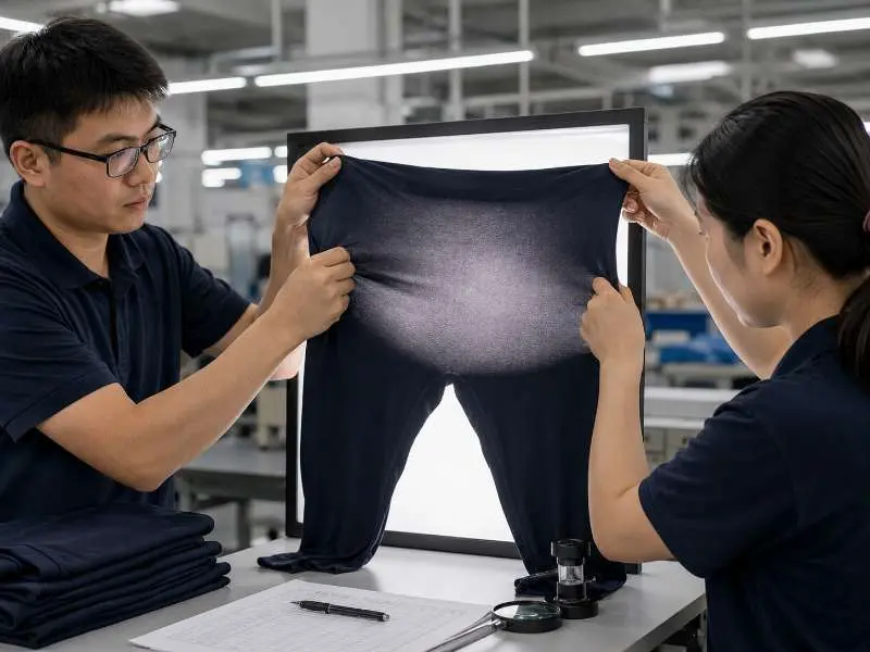 factory quality control team holding stretched leggings fabric sample against light source