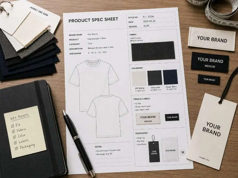 private label clothing spec sheet with fabric swatches and sketch