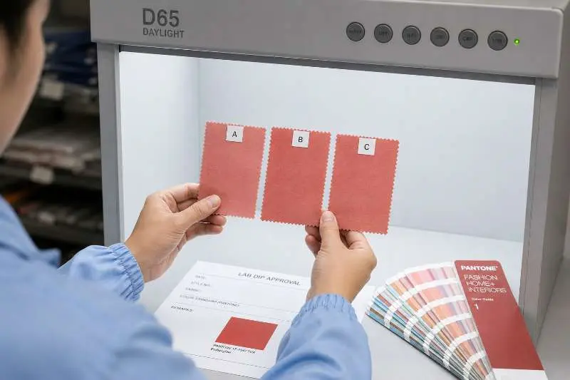 three fabric lab dip options labeled A B C compared side by side under D65 daylight light box