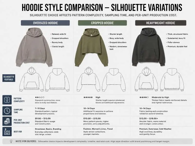 side-by-side comparison of oversized cropped and heavyweight hoodie silhouettes for brand buyers