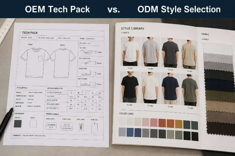 side-by-side view of a detailed tech pack document and a factory style catalog with fabric swatches