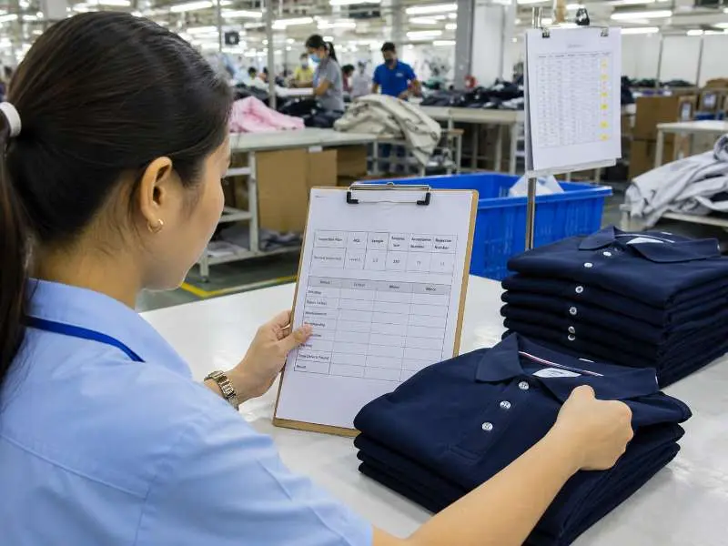 Inspector checking sampled garments against an AQL inspection sheet.