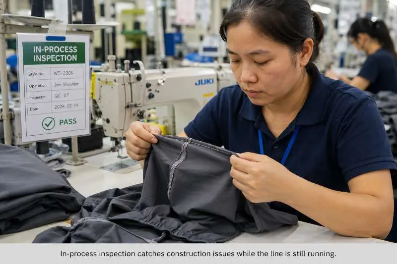 A factory worker inspecting seams on a partially sewn garment on the production line.