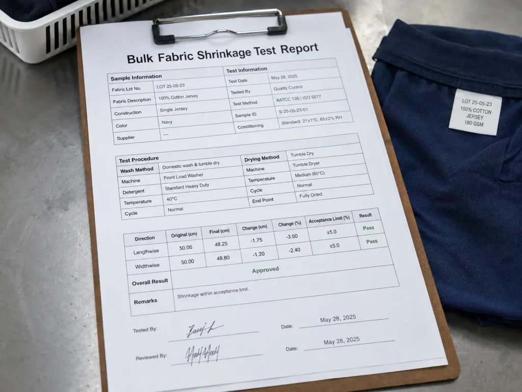 Bulk fabric shrinkage test report showing lengthwise and widthwise results for navy cotton jersey fabric.