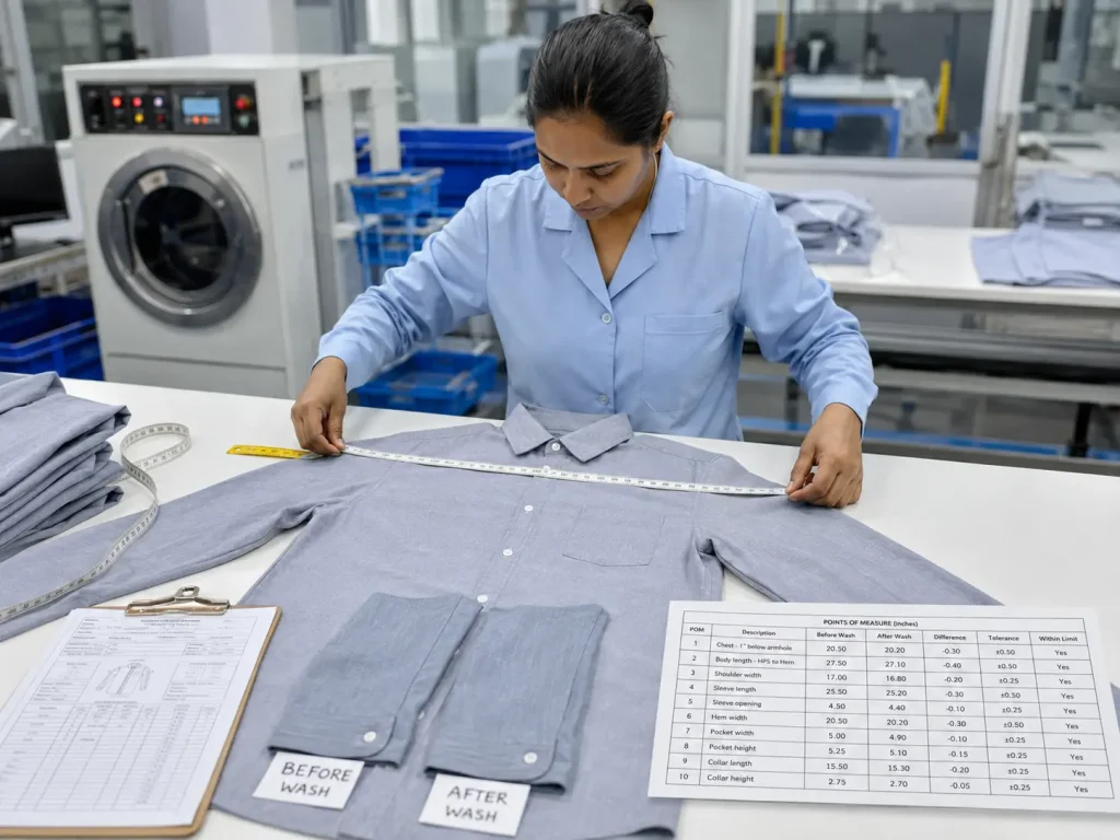Quality control worker comparing shirt measurements before and after washing during a garment shrinkage test.
