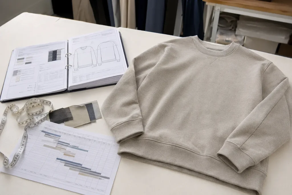 Grey crewneck sweatshirt displayed with a tech pack, fabric swatches, measuring tape, and production schedule.