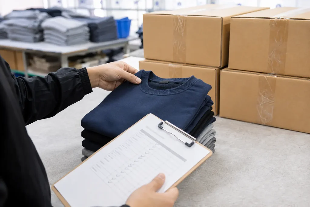 Worker checking folded navy sweatshirts beside shipping cartons before the order leaves the garment factory.